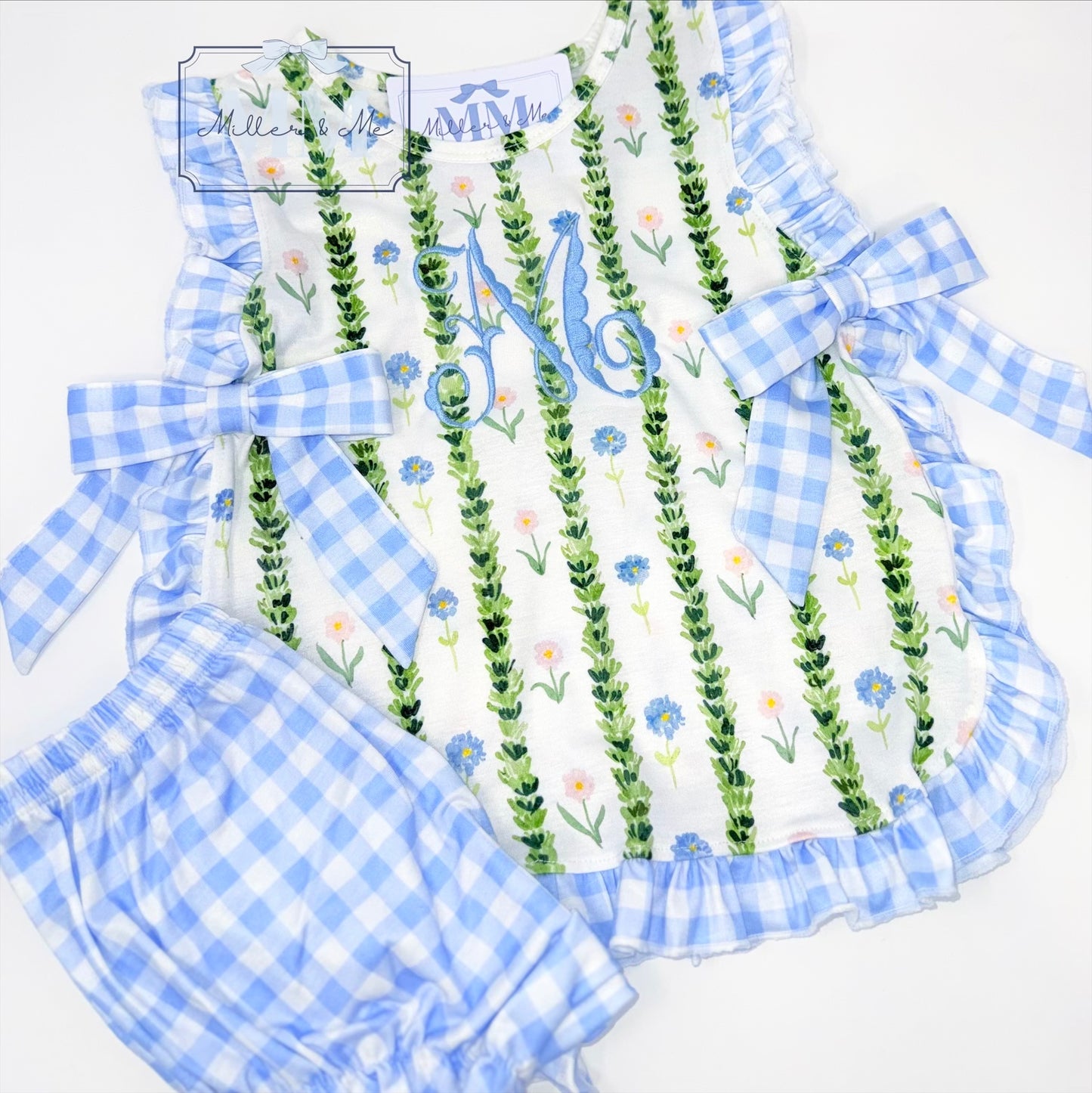 Blue Gingham Garden Bloomer Set / Personalized Baby Girl Outfit