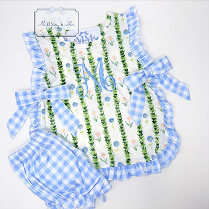 Blue Gingham Garden Bloomer Set / Personalized Baby Girl Outfit