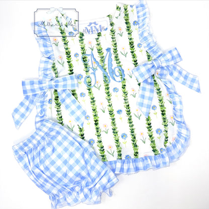 Blue Gingham Garden Bloomer Set / Personalized Baby Girl Outfit