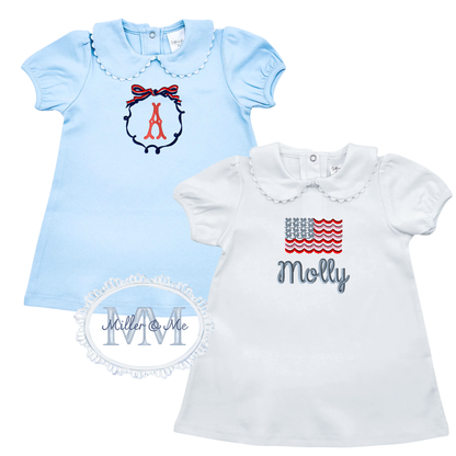 Patriotic Short Sleeve Girls Dress with Ric Rac Trimmed Collar