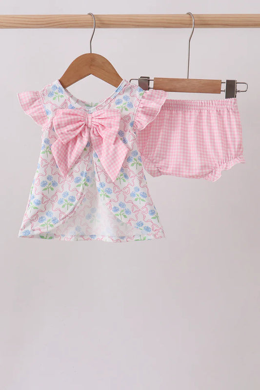 Pink hydrangea bow print ruffle bloomer set