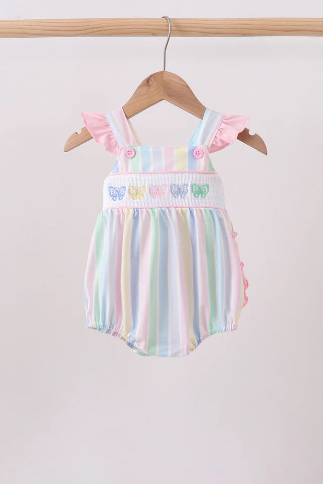 Rainbow stripe butterfly smocked ruffle bubble
