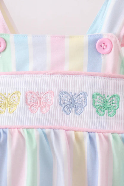 Rainbow stripe butterfly smocked ruffle bubble