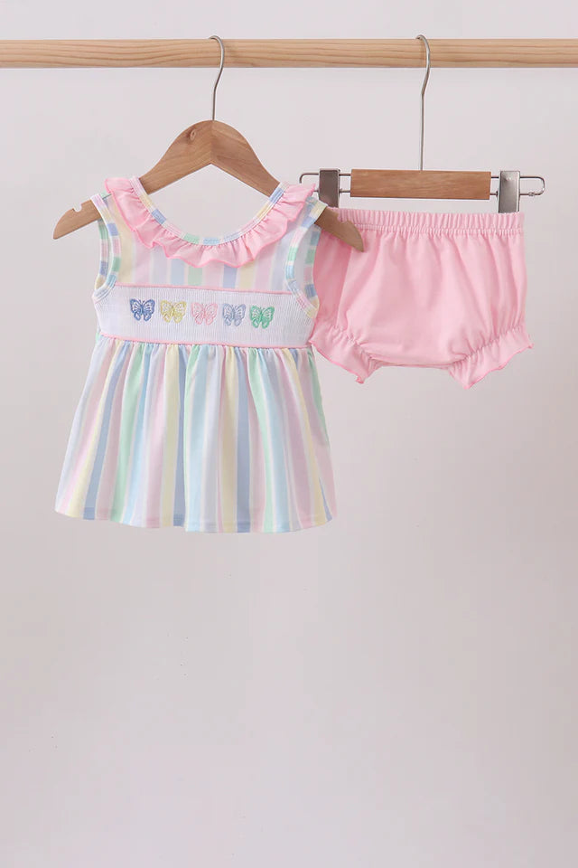 Rainbow stripe butterfly smocked ruffle bloomer set