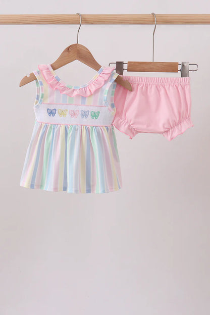Rainbow stripe butterfly smocked ruffle bloomer set