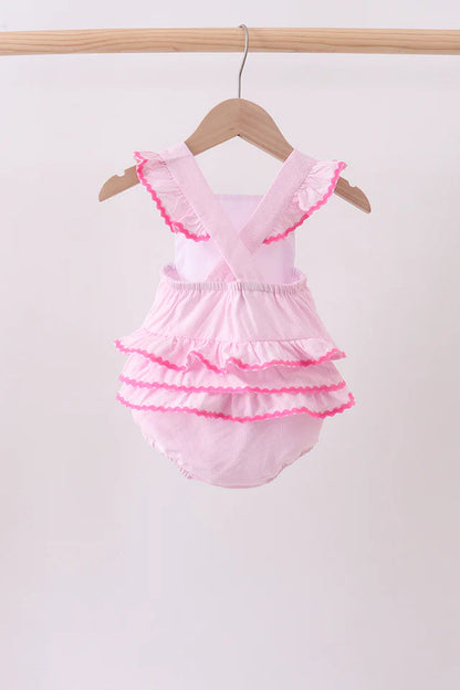 Pink Stripe Ruffle Bubble with Floral Monogram