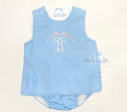 Girls Bow Personalized Picot Trim Diaper Set