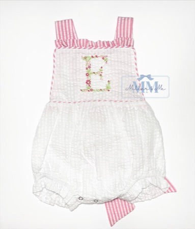 Seersucker Girls Floral Monogram Sunsuit Bubble