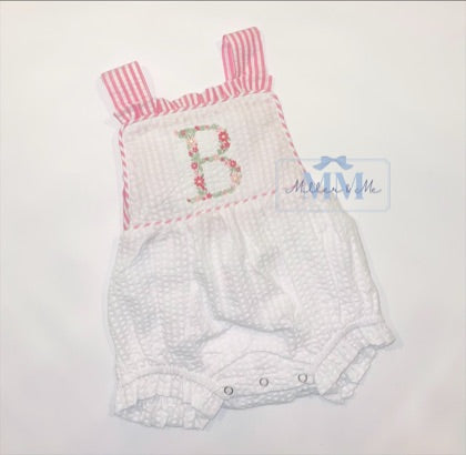 Seersucker Girls Floral Monogram Sunsuit Bubble
