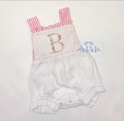 Seersucker Girls Floral Monogram Sunsuit Bubble